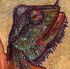 detail of right figure, chameleon head